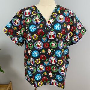 NWT Buttersoft Christmas Scrub Top XL Pewter Gray Santa & Deer Stickers Scrubs